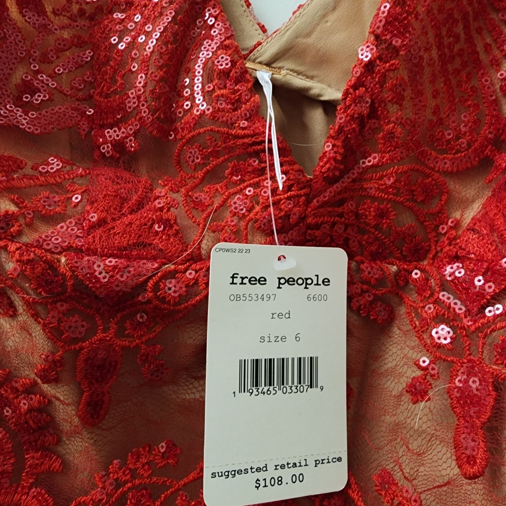 Free People Vibrant Red Sequin Lace DressFree People Red Lace Sequin Dress6NWT - Picture 5 of 9